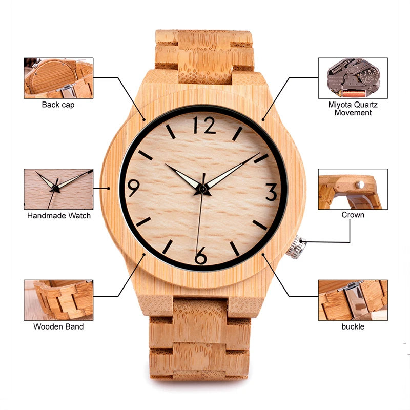 Montre en bois naturel de bambou, bracelet ajustable écologique